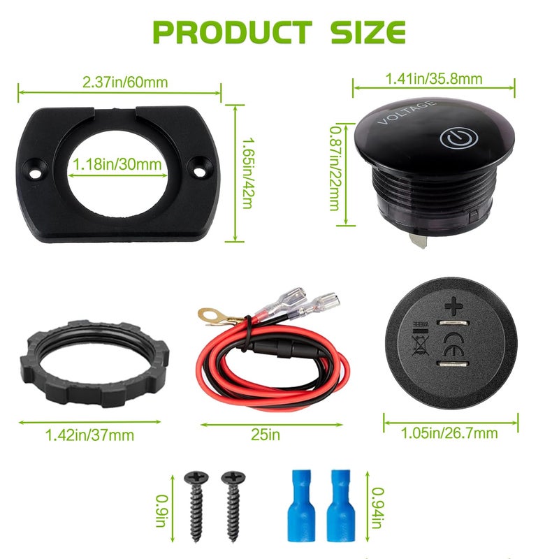 EPLZON 2 Pack DC 12V 24V Volt Meter Battery Voltage Gauge Digital Gauge Waterproof Voltmeter with Touch Switch and Mounting Plate Round for Boat Marine Motorcycle Truck(Green Light) - Image 2